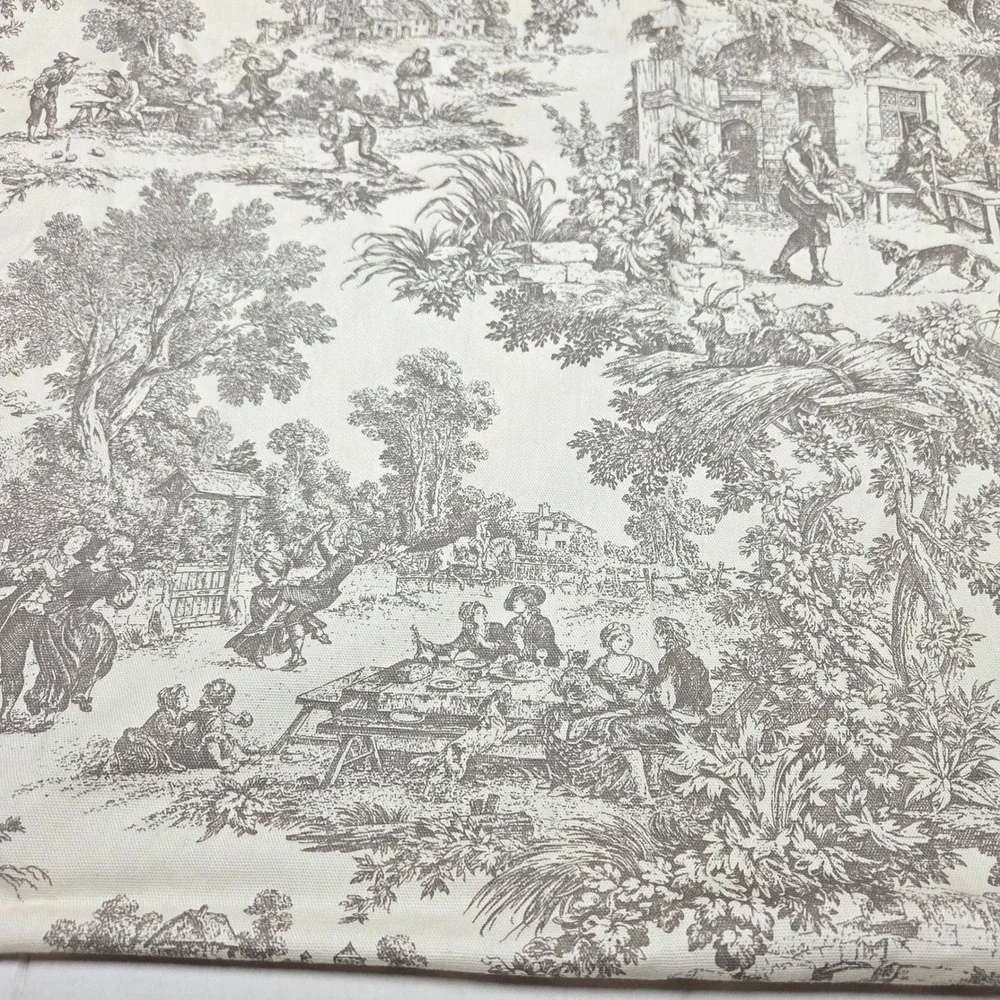 Vintage French Country Toile Curtains Set 2 Cotton Pastoral Scene Cream Grey